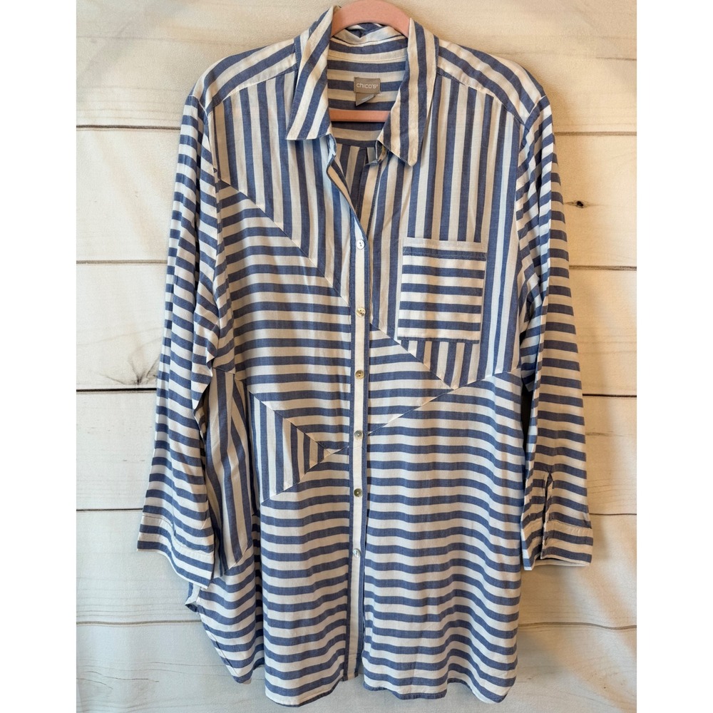 Chico's Blue White Striped Lyocell Button Down Tunic Shirt Size 4 US 20/22